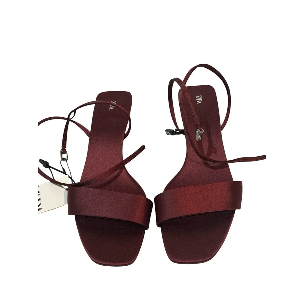 Zara Satin-Effect Ankle-Strap Sandals deep burgundy hue.size 10 Label 41 NWT - Picture 5 of 8